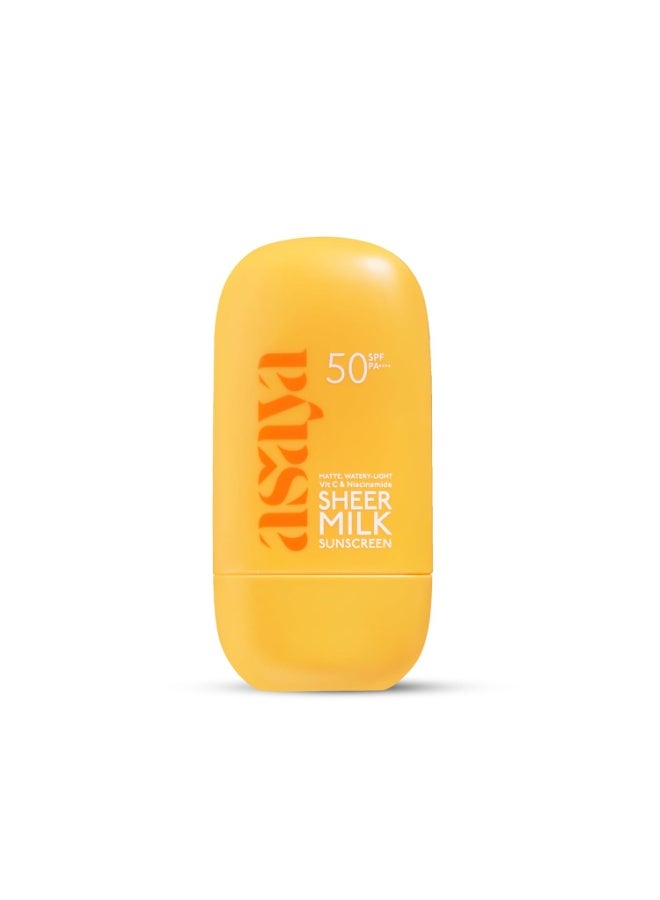 Asaya Sheer Milk Sunscreen SPF 50 PA++++ UVA + UVB | In-VIVO Tested | Lightweight Fluid Sunscreen with Niacinamide for Brightening & Barrier Support | Water Based for Acne skin | Matte & Quick Absorbing | For Acne-Prone, Oily or Combination Skin | 50 ml